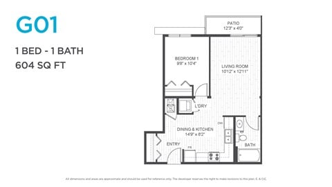 Floor plan for 1 bed, 1 bath, 604 sqft